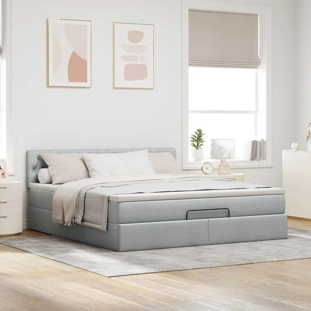 Cama otomana com colchão 160x200 cm tecido cinzento claro