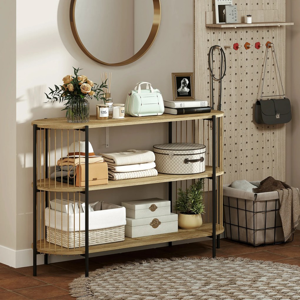 Mesa Consola com Corda de Papel Trançada à Mão Consola de Entrada de 3 Níveis com Estrutura de Aço Estilo Boémio 124x43,5x80 cm Madeira