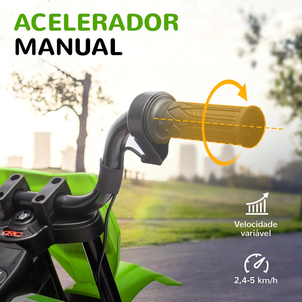 Mota Elétrica para Crianças 3 anos a 5/6 anos (até 30 kg) com Bateria 12V Música Velocidade 2,4-5 km/h e Rodas Auxiliares 107x56x70 cm Verde