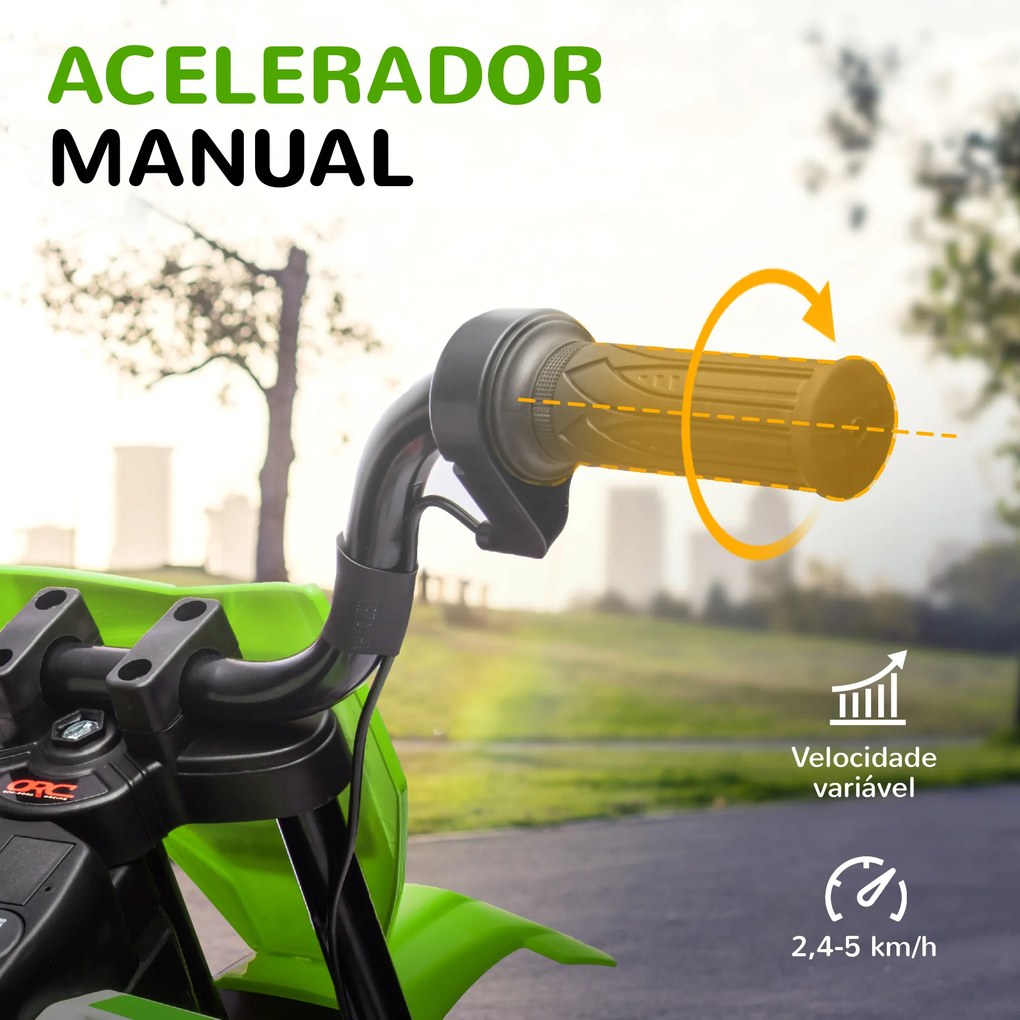 Mota Elétrica para Crianças com Bateria 12V Música Velocidade 2,4-5 km/h e Rodas Auxiliares 107x56x70 cm Verde