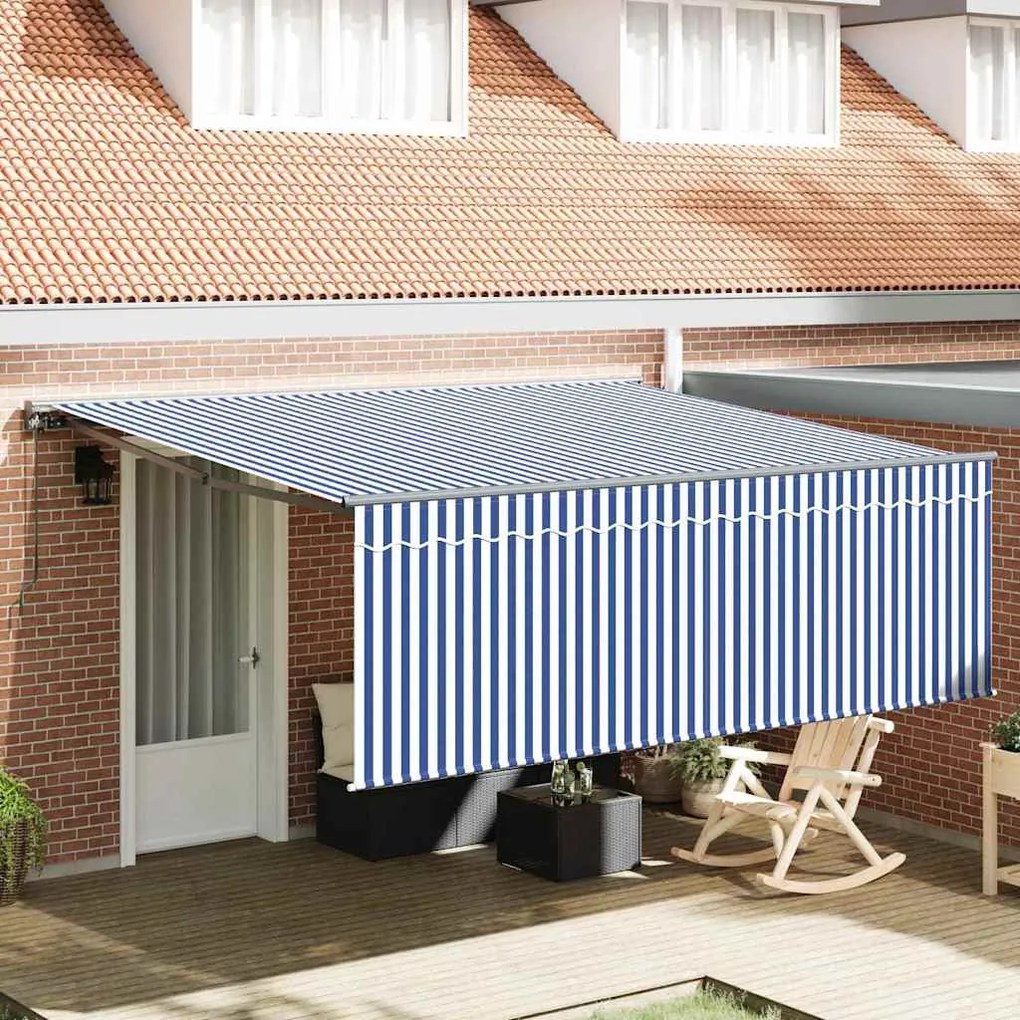 vidaXL Toldo Retrátil Manual Listras Azuis e Brancas 400 × 300 cm