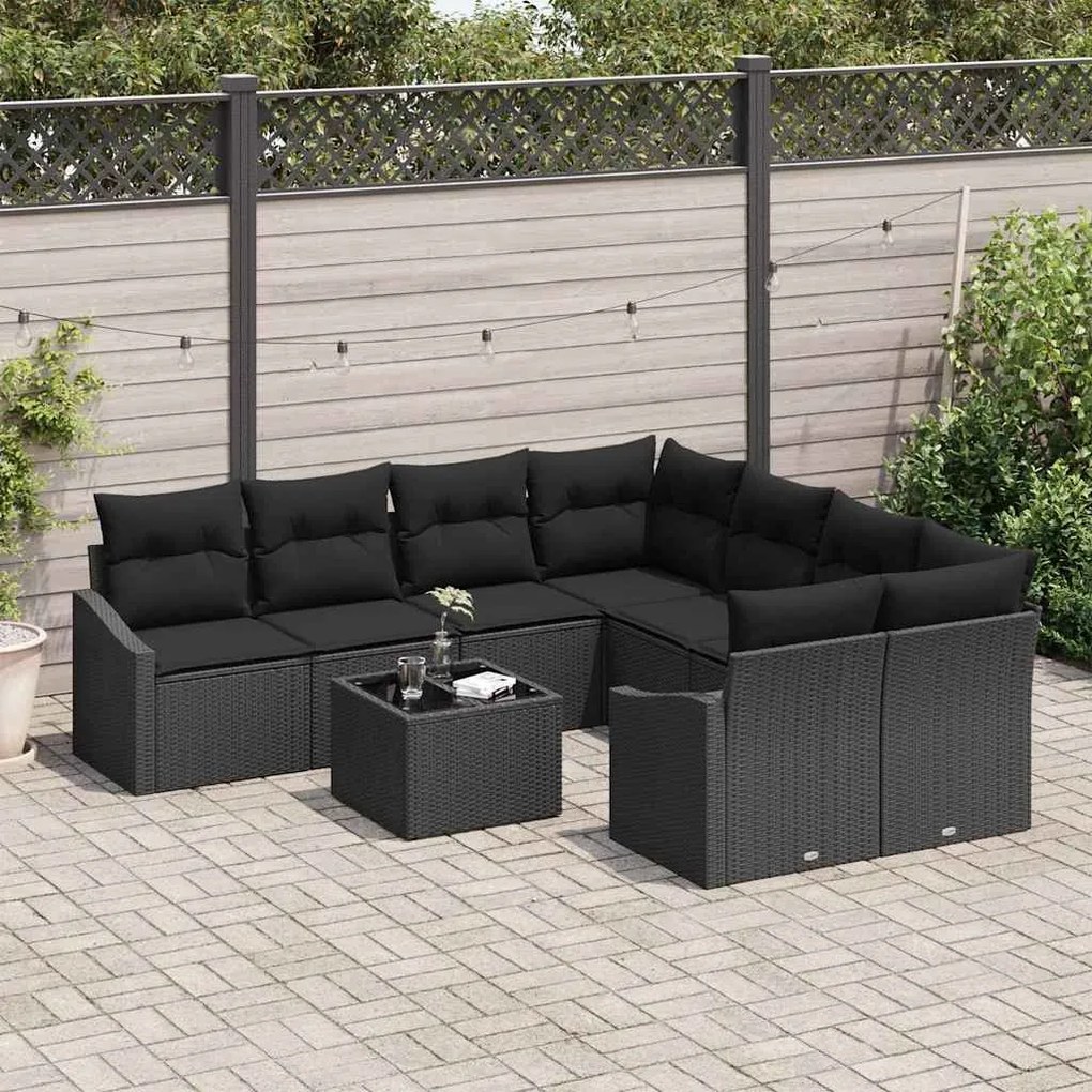 Conjunto de Jantar de Jardim com 9 Peças e Almofadas em Rattan Preto