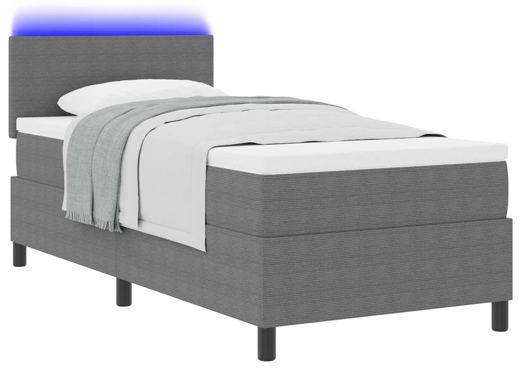 Cama Box Spring com Colchão e Luz LED Cinza 90x200 cm Tecido Cotelê