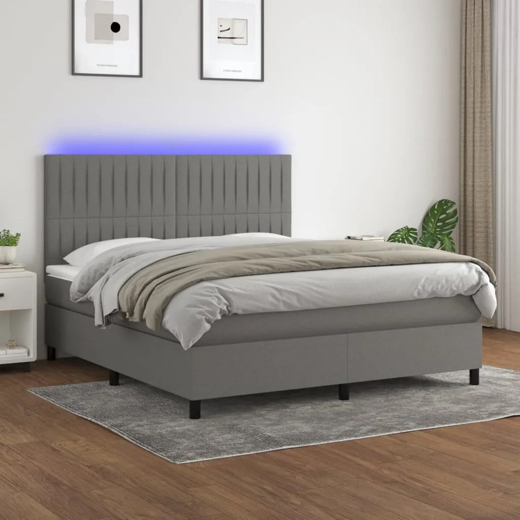 Cama box spring c/ colchão e LED 180x200 cm tecido cinza-escuro