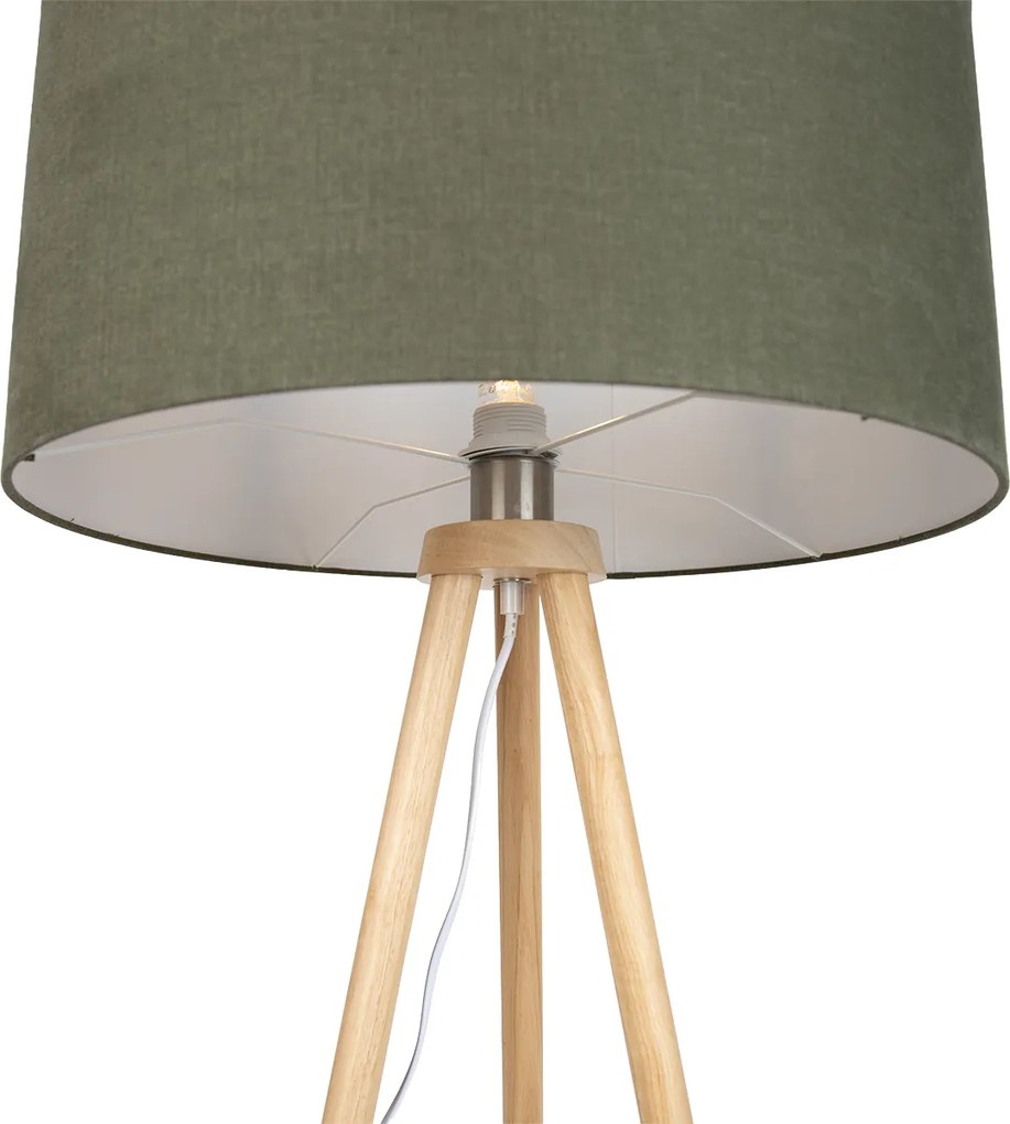 Candeeiro de pé tripé de madeira com abajur verde 50cm - Lou