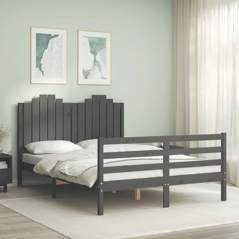 Estrutura de cama com cabeceira 140x190 cm madeira maciça cinza