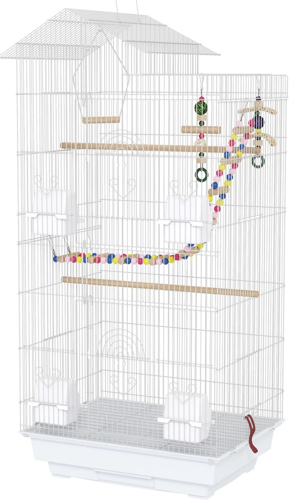 Gaiola para Passáros de Metal com Portas 4 Comedouros 3 Poleiros Baloiço Escadas e Bandeja Removível 46x36x100 cm Branco
