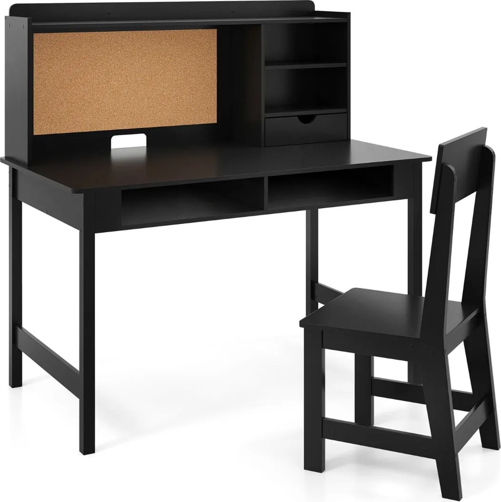 Conjunto de secretária e cadeira infantil em madeira com prateleira de cortiça, estação de computador para quarto, escola, Preta