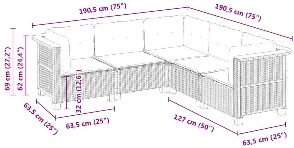5 pcs conjunto sofás de jardim com almofadões vime PE preto