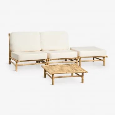 Conjunto De Jardim Com Sofá Modular De 2 Peças, Puff E Mesa De Centro Quadrada 75x75 Cm Em Bambu Isendra Tecido Branco - Sklum