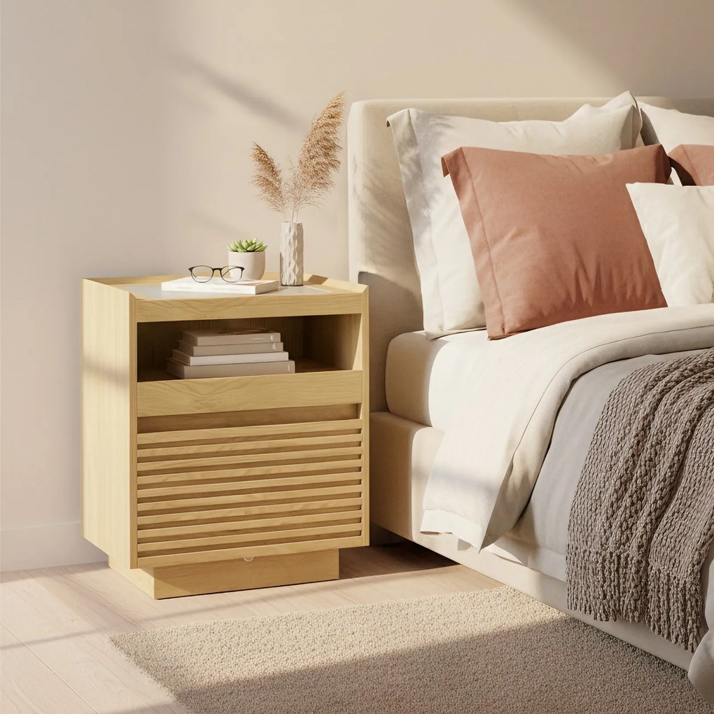 Mesa de cabeceira com iluminação LED 40 x 45 x 55 cm cor de carvalho natural