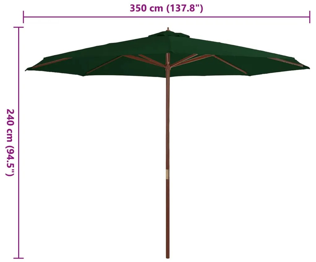 Guarda-sol de exterior com poste em madeira 350 cm verde