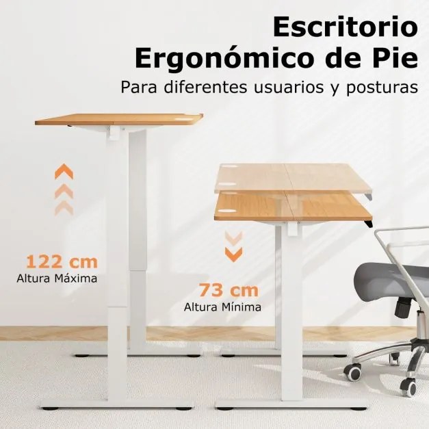 Secretária eléctrica de escritório com tampo de mesa 4 funções de memória 2 ganchos de suspensão 120 x 60 x 73-122 cm Natural