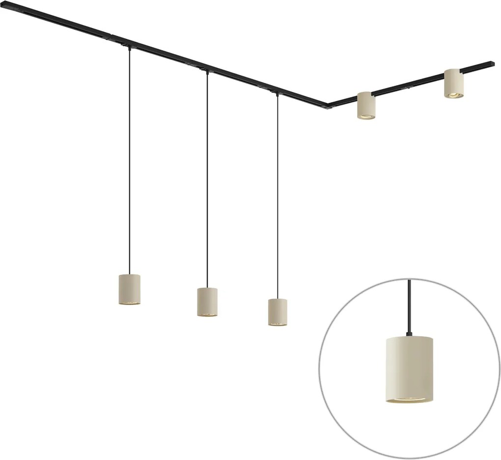 Sistema de calhas de iluminação moderno preto com 3 candeeiros suspensos e 2 focos bege 1-fase - Iconic Holt Rondoo Up