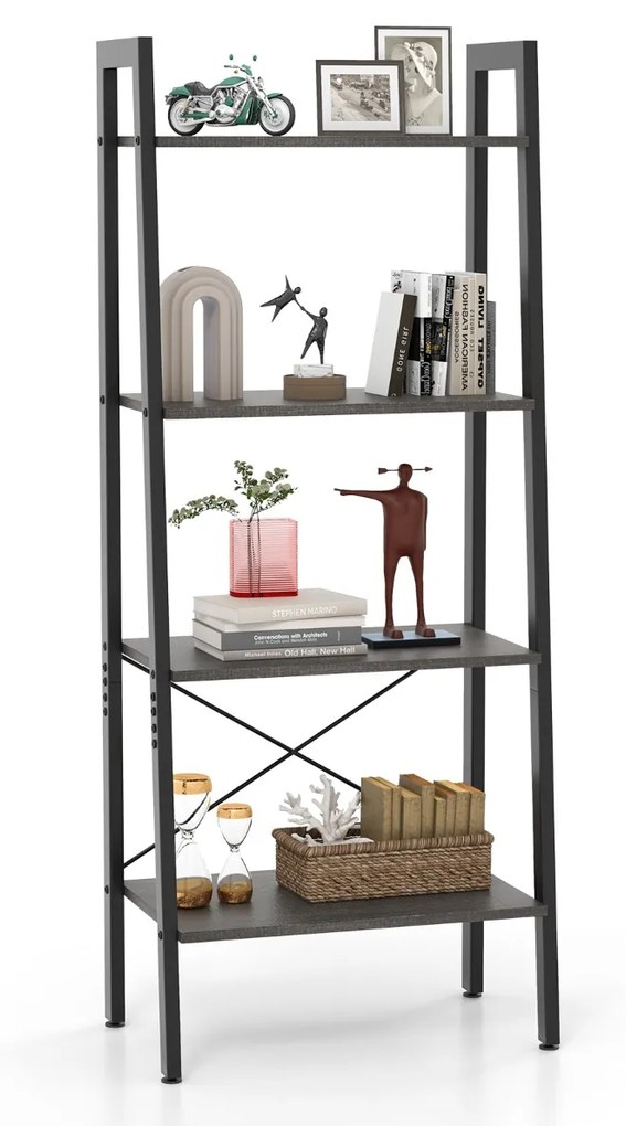 Estante de 4 níveis em escada para escritório Estante industrial com estrutura metálica para plantas 56 x 34 x 138 cm Castanho Escuro