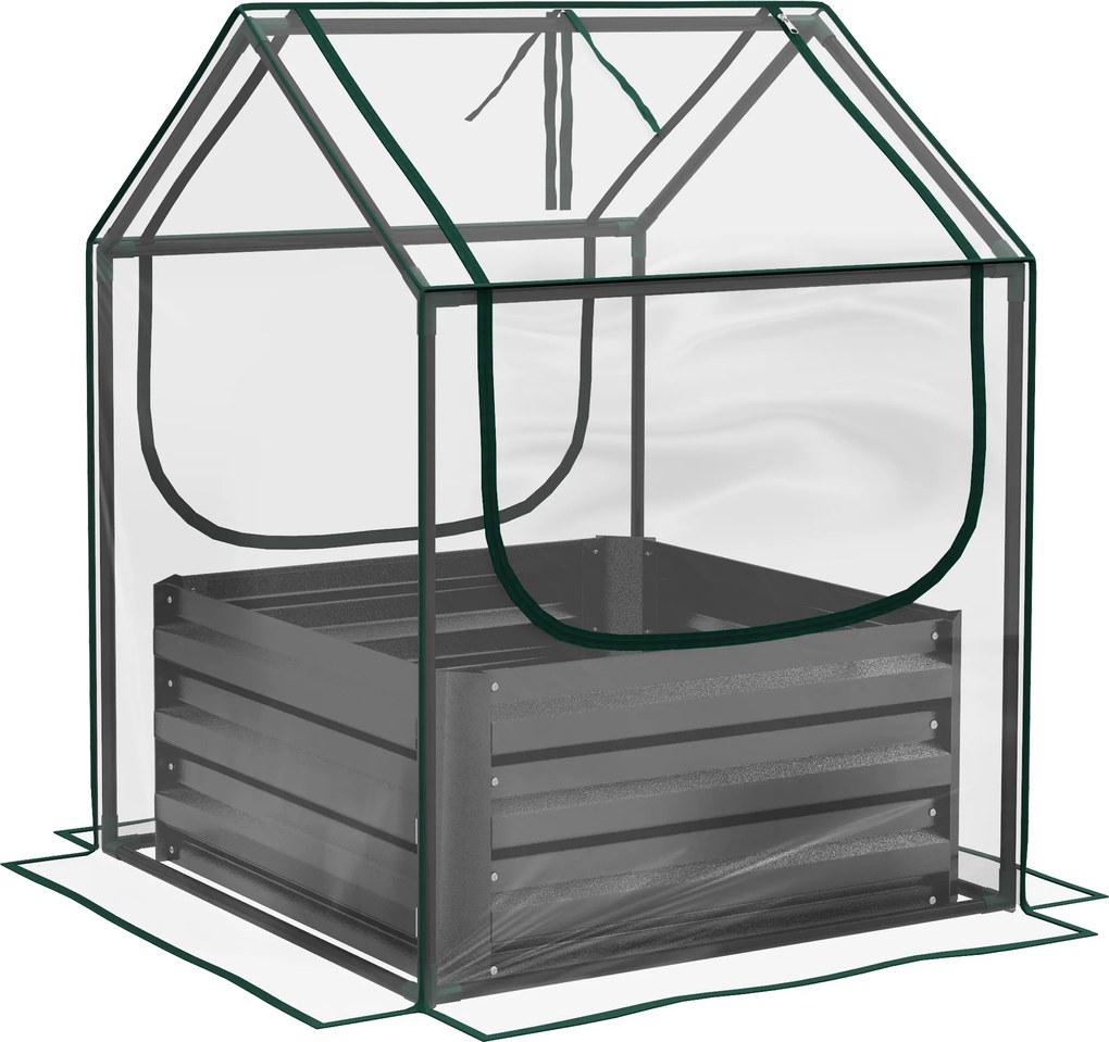 Floreira de horta com mini-estufa, floreira elevada em aço galvanizado, 70 x 70 x 90 cm, cinzento escuro