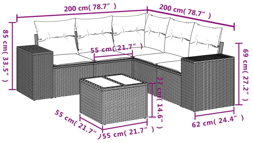 6 pcs conjunto sofás de jardim com almofadões vime cinzento
