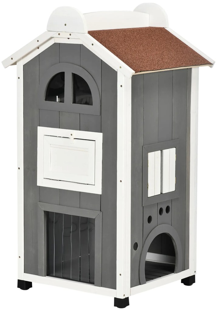 Casa para Gatos de Madeira 59x55x109 cm Abrigo para Gatos de 3 Níveis com Telhado Asfáltico Plataformas Escada e Varanda Cinza
