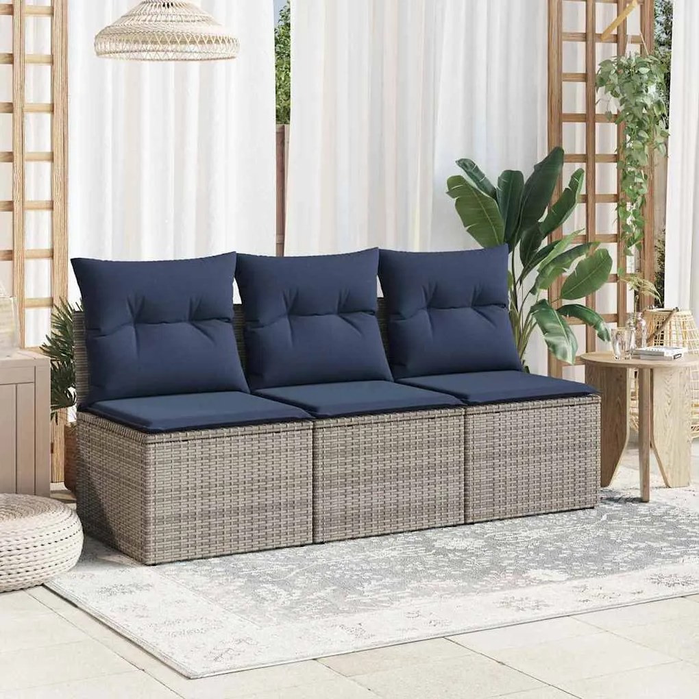 vidaXL Sofá de jardim de 3 lugares com almofadões vime PE cinzento