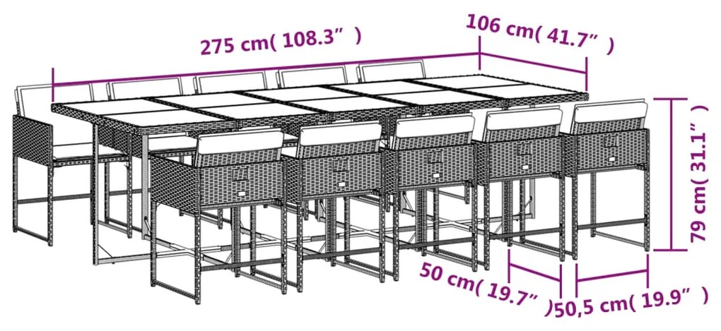 11 pcs conjunto jantar p/ jardim c/ almofadões vime PE cinzento