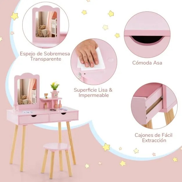 Conjunto Toucador e banquinho de madeira para crianças 70 x 34 x 100 cm com espelho retangular e 2 gavetas grandes Rosa