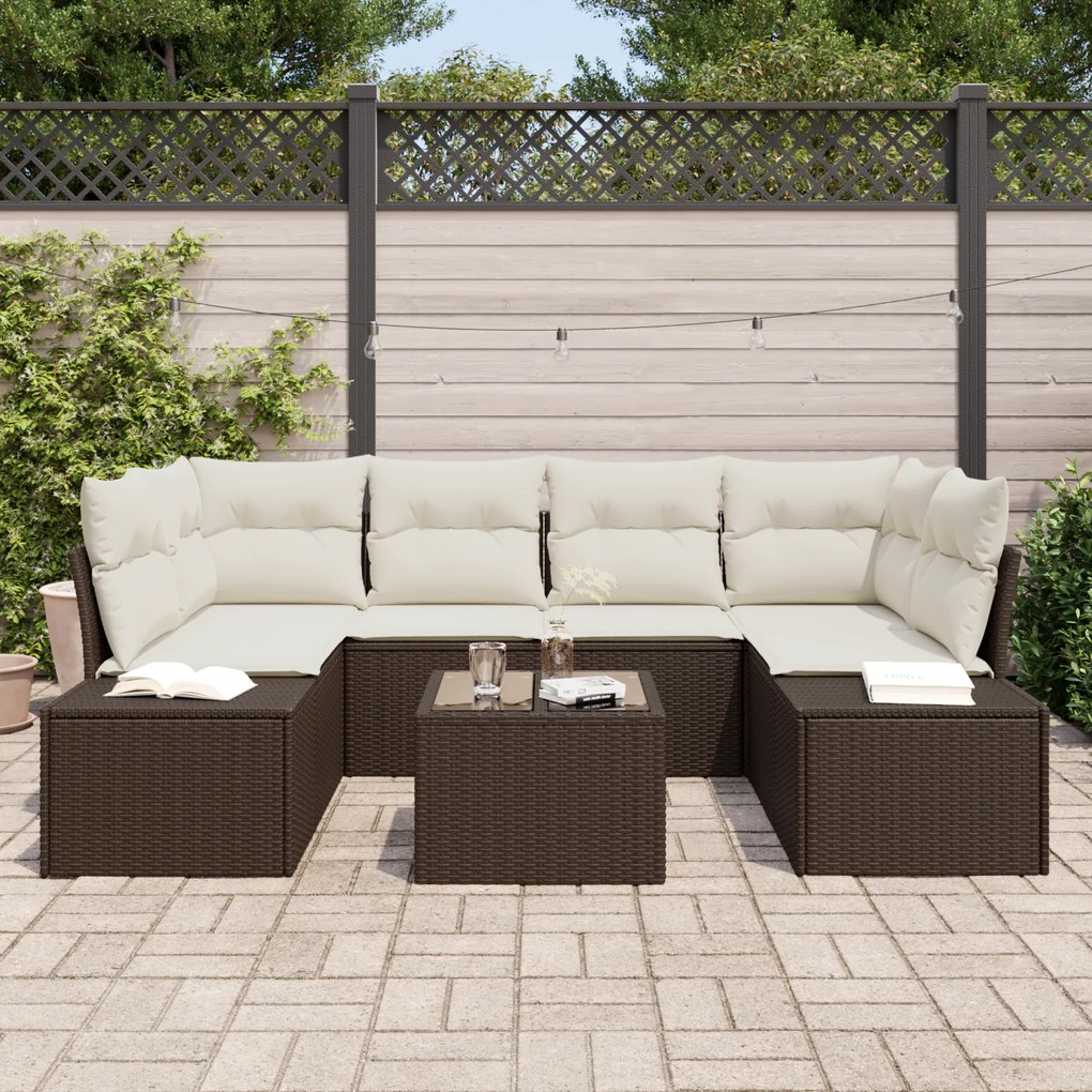 Conjunto de Sofá de Jardim com Almofadas Marrom Poli Rattan