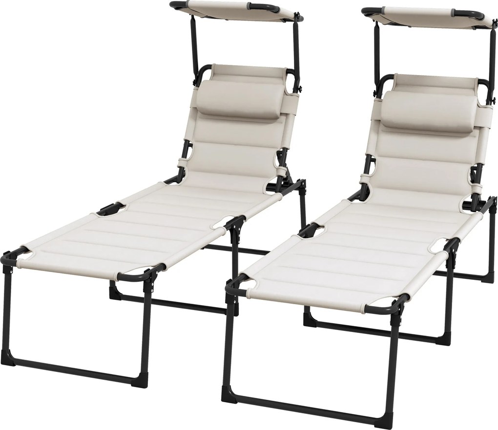 Conjunto de 2 espreguiçadeiras dobráveis de grande conforto, com encosto e capota ajustáveis em várias posições, cor creme