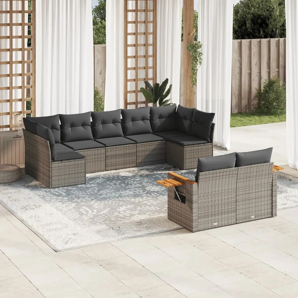 9 pcs conjunto sofás p/ jardim com almofadões vime PE cinzento