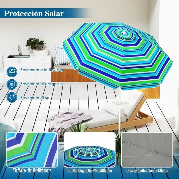 Guarda-sol de praia basculante portátil com suporte para copos e proteção solar UPF50+ para pátio exterior Piscina 2 x 2,2 m Azul+Verde