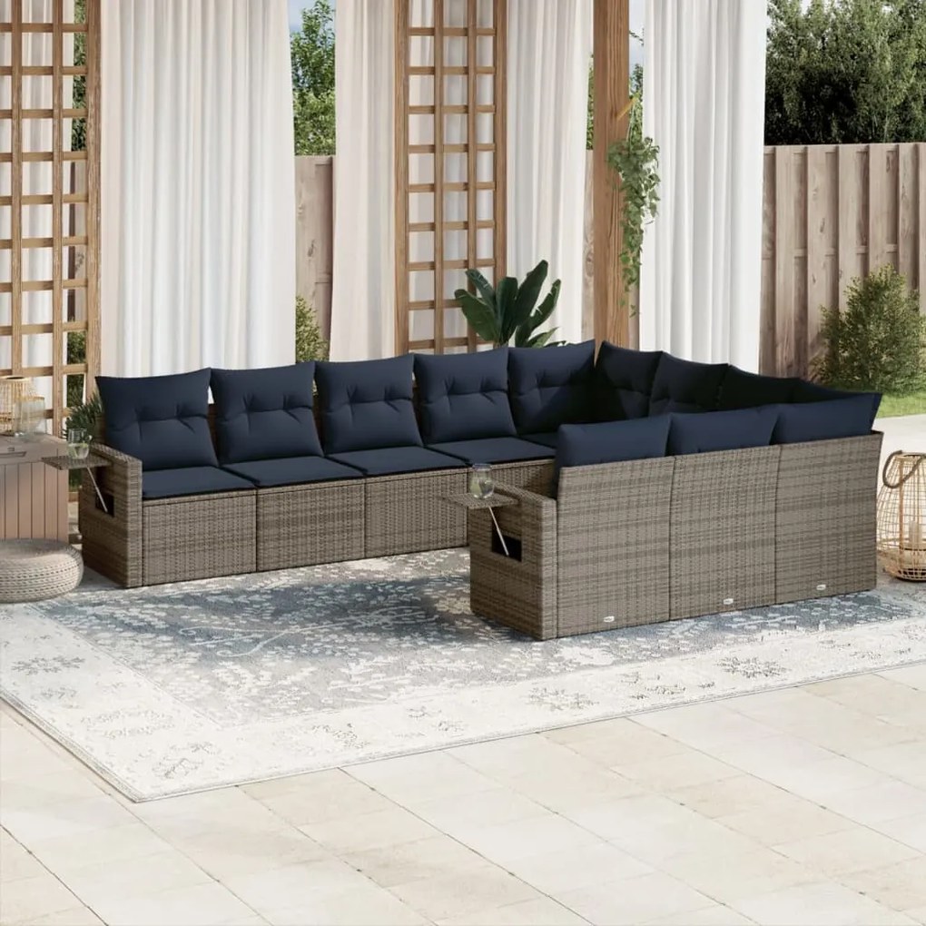 vidaXL 10 pcs conjunto sofás p/ jardim c/ almofadões vime PE cinzento