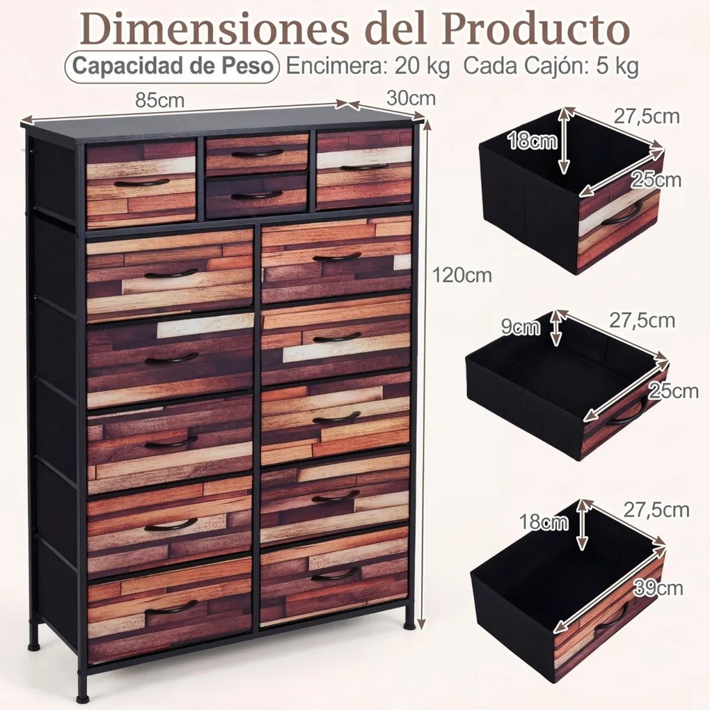 Cómoda com 14 gavetas com gavetas em tecido 85 x 30 x 120 cm, estrutura metálica, organizador para quarto Preto + Castanho