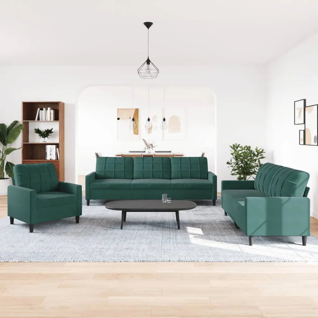 3 pcs conjunto de sofás com almofadões veludo verde-escuro