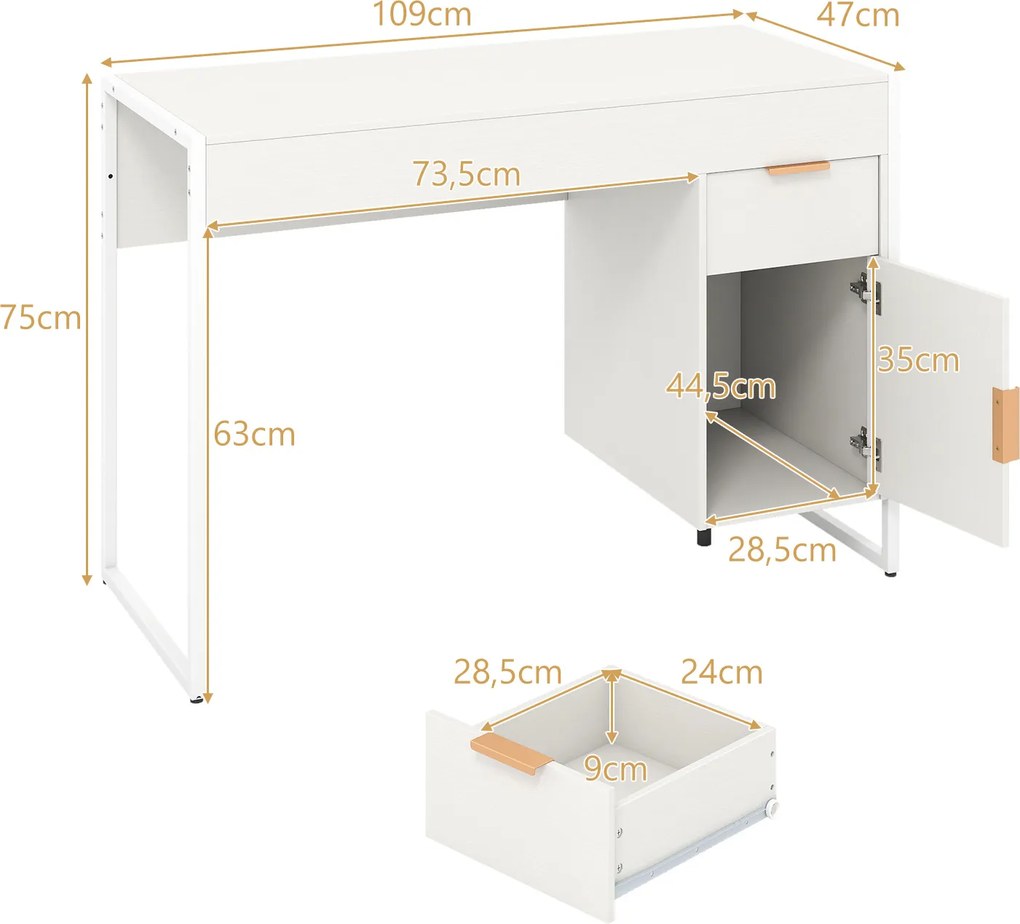 Secretária de Computador com Armário e Gaveta, 109 x 47 x 75 cm, Estrutura Metálica Resistente, Branco