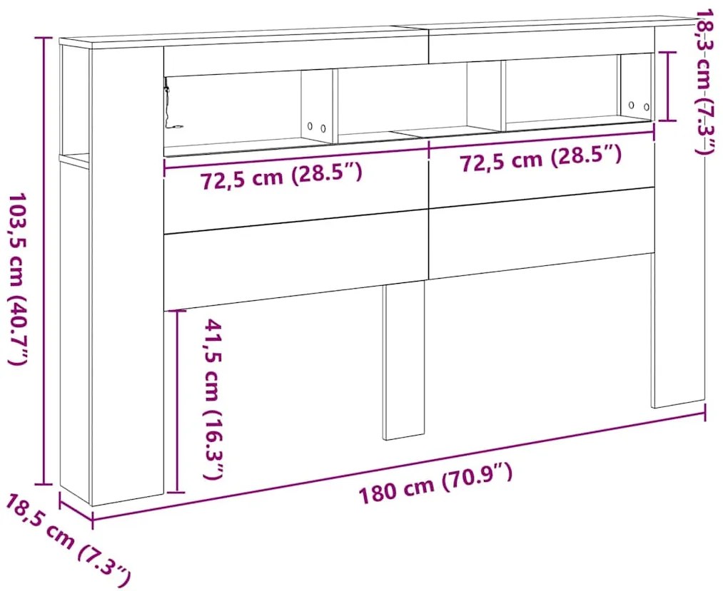 Cabeceira de Armazenamento vidaXL com Luzes LED Carvalho Preto 180x18,