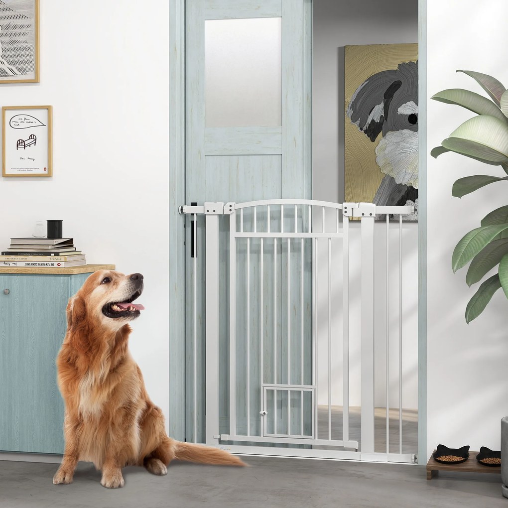Barreira para cães, largura ajustável de 76 a 102 cm, barreira extra larga com porta para gatos, branca
