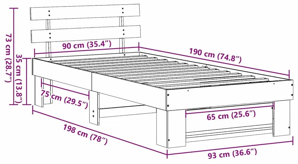Estrutura da Cama com cabeceira Castanho-mel 90 x 190 cm