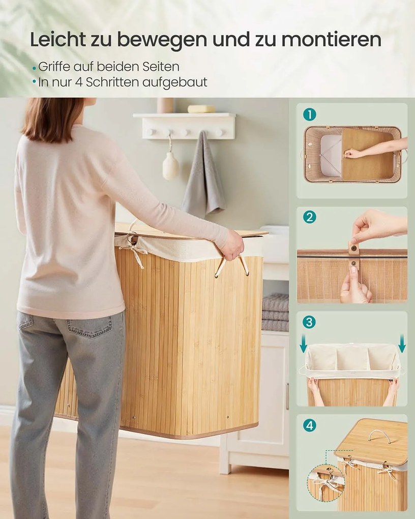 Cesto para roupa suja em bambu com 3 compartimentos 70 x 40 x 61 cm cor natural