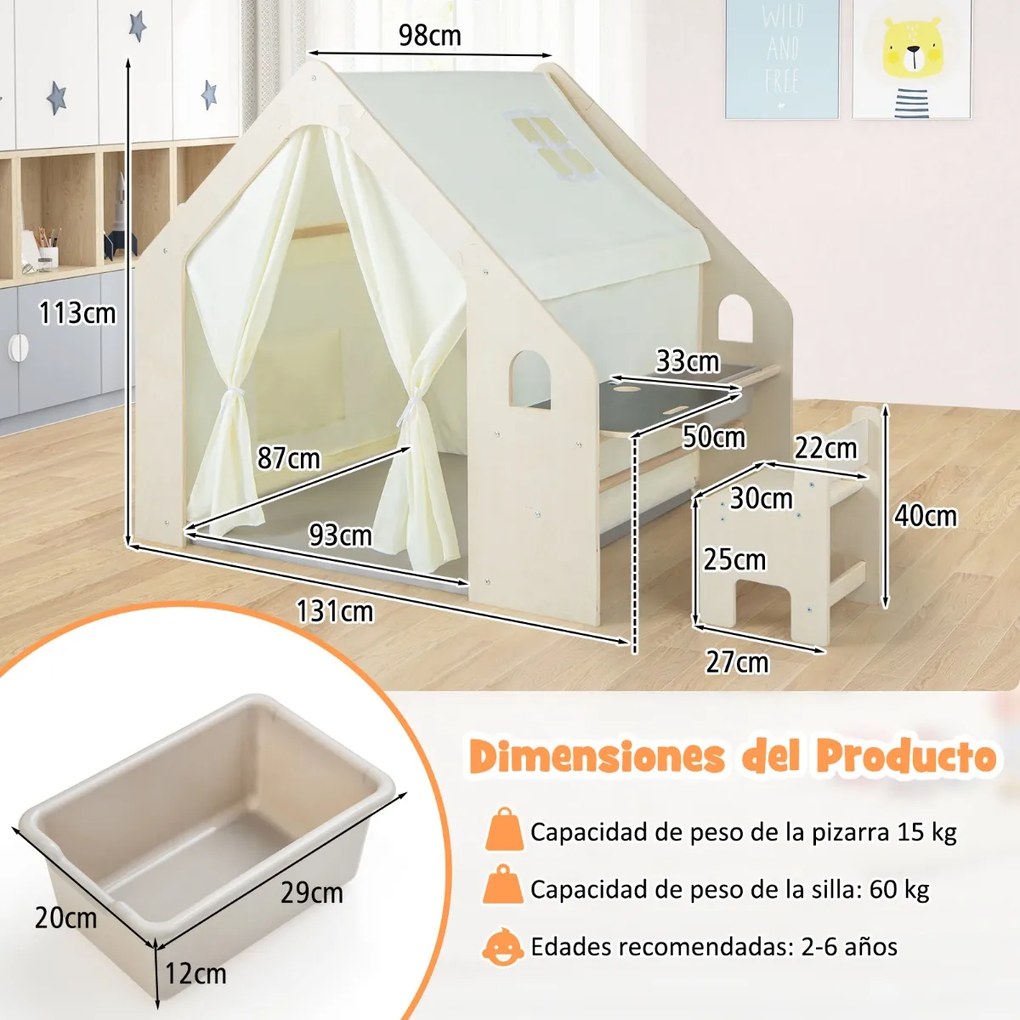 Tenda de brincar para crianças 6 em 1 para crianças dos 2 aos 6 anos com quadro de madeira cortinas secretária mesa cadeira estante 131 x 98 x 113 cm
