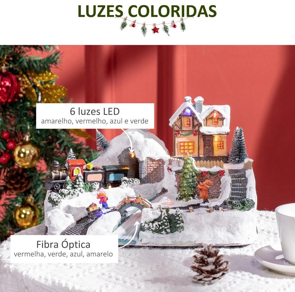 HOMCOM Cidade Natalina Iluminada com Luzes LED Árvore de Natal Giratória Música e Trem Decoração de Natal 30x19x19,5cm Multicor