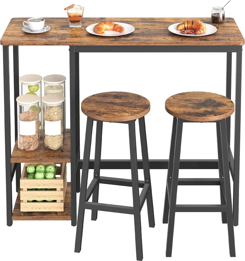 Conjunto de mesa de bar com prateleira, com 2 bancos, estrutura metálica castanho-preto