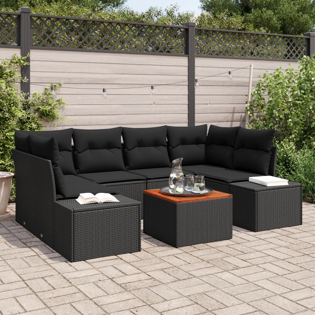 vidaXL Conjunto de Sofá Jardim de 7 Peças com Almofadas Preto Poli Rattan Acácia