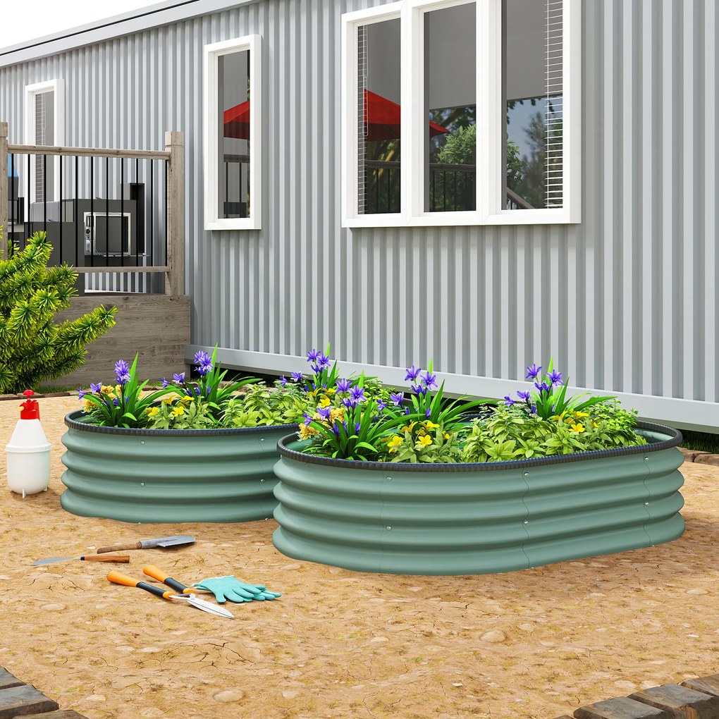 Conjunto de 2 floreiras de jardim, 135 x 90 x 30 cm, floreira em aço galvanizado com bordas em borracha, verde