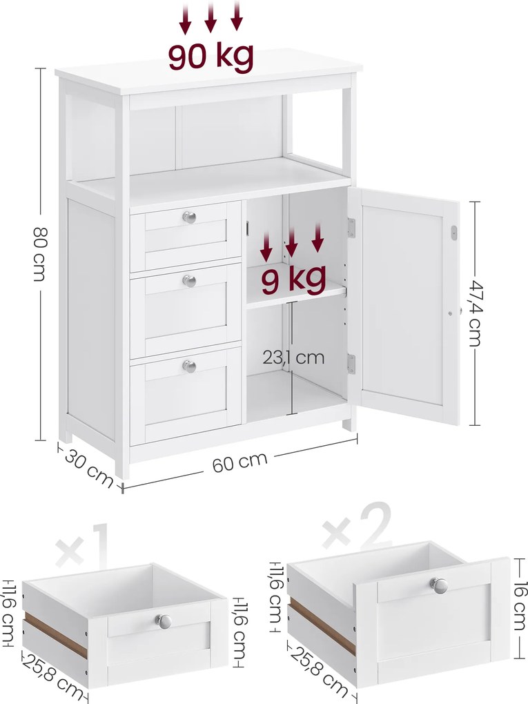 Armário de casa de banho 30 x 60 x 80 cm com 3 gavetas Branco