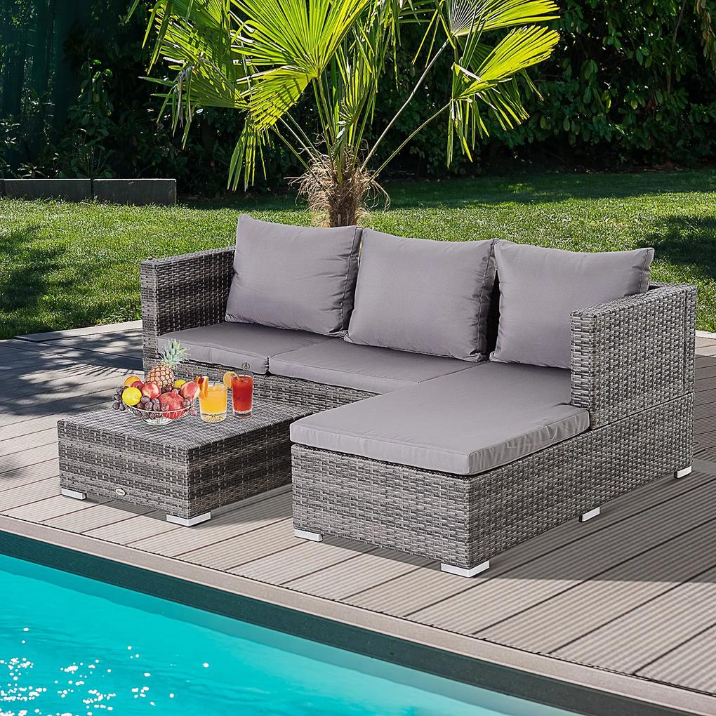 Outsunny Conjunto de sofá de rattán com chaise longue e mesa de centro 130x64x62cm para o jardim de cor cinza