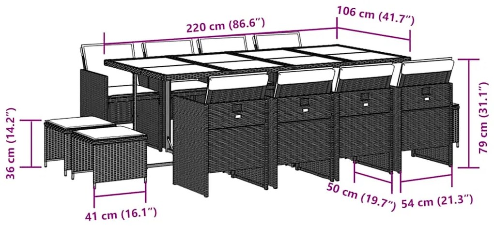 13 pcs conjunto jantar p/ jardim c/ almofadões vime PE cinzento