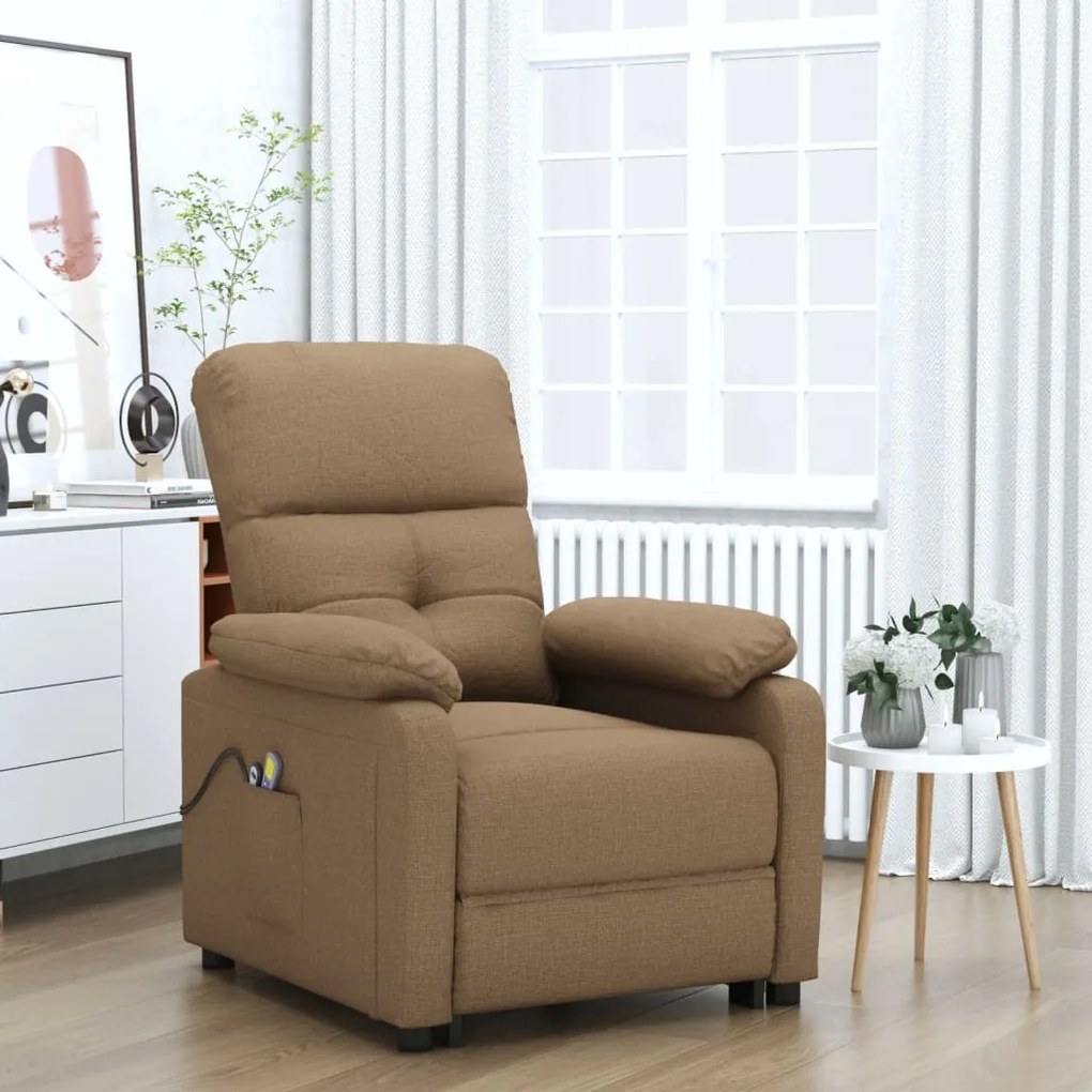 vidaXL Poltrona elevatória de massagens tecido castanho