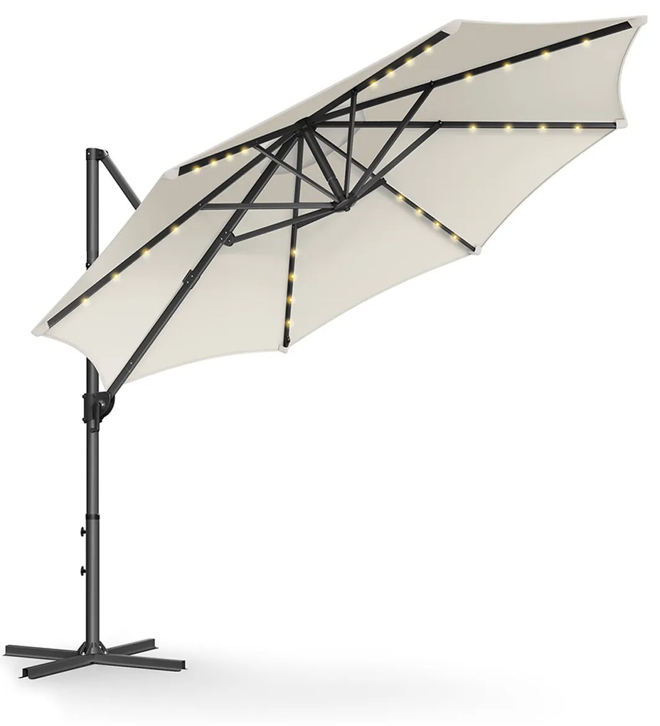 Guarda-sol jardim Ø 300 cm com luzes LED solares UPF 50+ rotativo 360º com base cruzada (SEM PESOS) branco creme