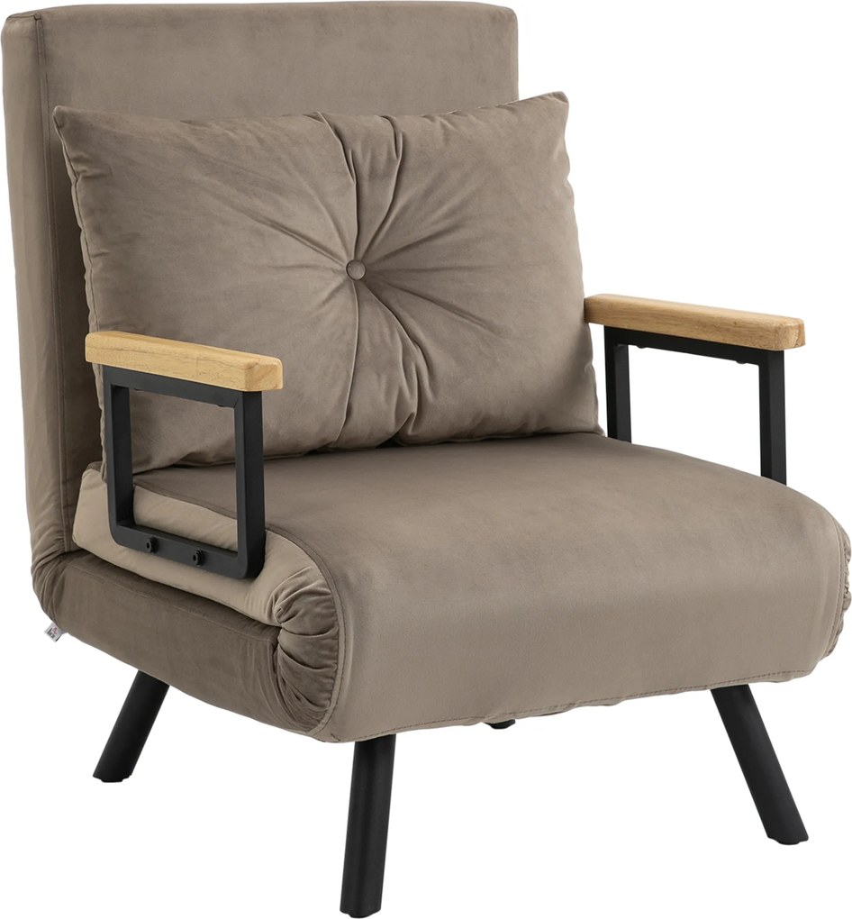 Poltrona convertível 4 em 1, cama individual, encosto com 5 posições, braços em madeira com almofada, tecido com efeito de veludo, castanho