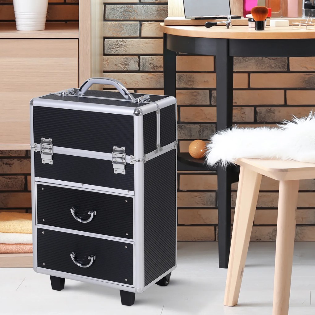 HOMCOM Estojo de maquiagem portátil Estojo profissional de cosméticos com 6 gavetas extensíveis, fechadura, rodas e alça retrátil 36x23x58 cm preta