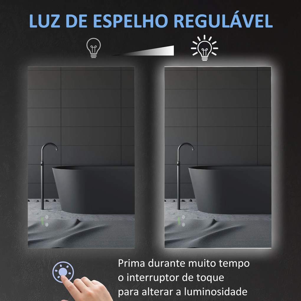 Espelho de Casa de Banho com Luz LED Espelho de Parede Anti-Embaciamento 90x60cm com Interruptor Tátil 3 Luzes Ajustáveis Função de Memória e Estrutur